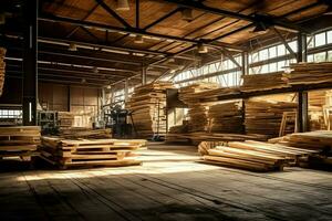 di legno tavola o tavola nel il legname mulino industria. pila di logs e legna nel il segheria produzione concetto di ai generato foto