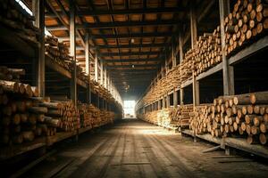 di legno tavola o tavola nel il legname mulino industria. pila di logs e legna nel il segheria produzione concetto di ai generato foto