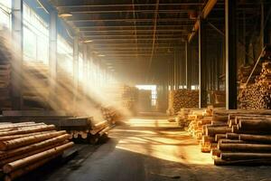 di legno tavola o tavola nel il legname mulino industria. pila di logs e legna nel il segheria produzione concetto di ai generato foto