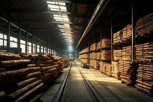 di legno tavola o tavola nel il legname mulino industria. pila di logs e legna nel il segheria produzione concetto di ai generato foto