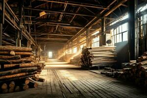 di legno tavola o tavola nel il legname mulino industria. pila di logs e legna nel il segheria produzione concetto di ai generato foto