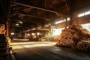 di legno tavola o tavola nel il legname mulino industria. pila di logs e legna nel il segheria produzione concetto di ai generato foto