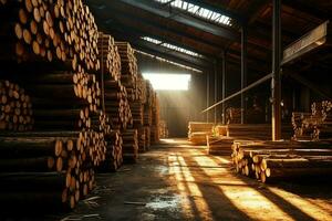 di legno tavola o tavola nel il legname mulino industria. pila di logs e legna nel il segheria produzione concetto di ai generato foto