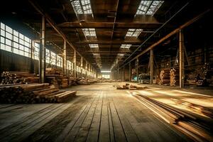 di legno tavola o tavola nel il legname mulino industria. pila di logs e legna nel il segheria produzione concetto di ai generato foto