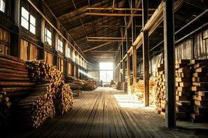 di legno tavola o tavola nel il legname mulino industria. pila di logs e legna nel il segheria produzione concetto di ai generato foto