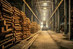 di legno tavola o tavola nel il legname mulino industria. pila di logs e legna nel il segheria produzione concetto di ai generato foto