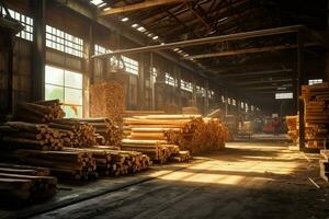 di legno tavola o tavola nel il legname mulino industria. pila di logs e legna nel il segheria produzione concetto di ai generato foto