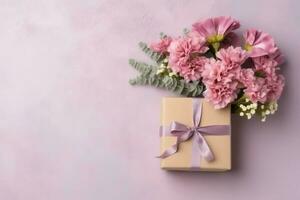 decorativo di tulipani fiori mazzo o avvolto regalo scatola. per madri giorno o San Valentino con copyspace concetto di ai generato foto