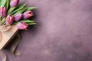 decorativo di tulipani fiori mazzo o avvolto regalo scatola. per madri giorno o San Valentino con copyspace concetto di ai generato foto