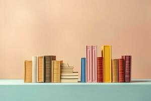 un' libro mucchio vicino su su un' tavolo. davanti Visualizza mucchio libro. per Festival di mondo libro giorno, nazionale libro giorno o nazionale formazione scolastica giorno. pila di colorato libri su bianca sfondo di ai generato foto