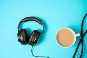 musica o Podcast sfondo con elettronico dispositivi, cuffia, caffè e il computer portatile su ufficio scrivania concetto di ai generato foto