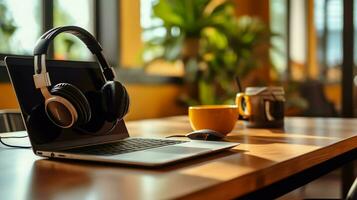 musica o Podcast sfondo con elettronico dispositivi, cuffia, caffè e il computer portatile su ufficio scrivania concetto di ai generato foto