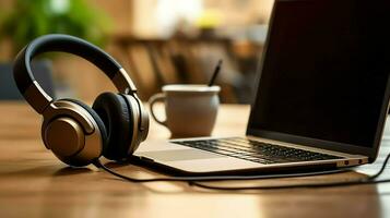 musica o Podcast sfondo con elettronico dispositivi, cuffia, caffè e il computer portatile su ufficio scrivania concetto di ai generato foto