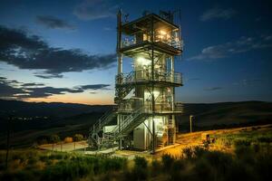 bellissimo Visualizza alto voltaggio elettrico o telecomunicazioni antenna senza fili Torre con verde campo concetto di ai generato foto