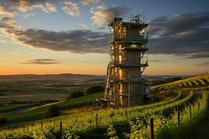 bellissimo Visualizza alto voltaggio elettrico o telecomunicazioni antenna senza fili Torre con verde campo concetto di ai generato foto