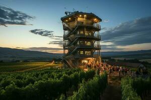 bellissimo Visualizza alto voltaggio elettrico o telecomunicazioni antenna senza fili Torre con verde campo concetto di ai generato foto