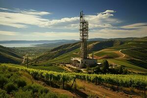 bellissimo Visualizza alto voltaggio elettrico o telecomunicazioni antenna senza fili Torre con verde campo concetto di ai generato foto