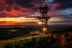 bellissimo Visualizza alto voltaggio elettrico o telecomunicazioni antenna senza fili Torre con verde campo concetto di ai generato foto