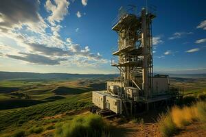 bellissimo Visualizza alto voltaggio elettrico o telecomunicazioni antenna senza fili Torre con verde campo concetto di ai generato foto