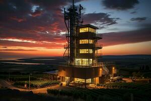 bellissimo Visualizza alto voltaggio elettrico o telecomunicazioni antenna senza fili Torre con verde campo concetto di ai generato foto