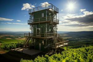 bellissimo Visualizza alto voltaggio elettrico o telecomunicazioni antenna senza fili Torre con verde campo concetto di ai generato foto