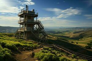 bellissimo Visualizza alto voltaggio elettrico o telecomunicazioni antenna senza fili Torre con verde campo concetto di ai generato foto