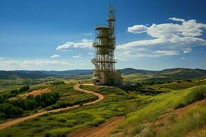 bellissimo Visualizza alto voltaggio elettrico o telecomunicazioni antenna senza fili Torre con verde campo concetto di ai generato foto