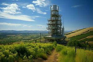 bellissimo Visualizza alto voltaggio elettrico o telecomunicazioni antenna senza fili Torre con verde campo concetto di ai generato foto