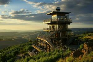 bellissimo Visualizza alto voltaggio elettrico o telecomunicazioni antenna senza fili Torre con verde campo concetto di ai generato foto