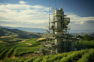 bellissimo Visualizza alto voltaggio elettrico o telecomunicazioni antenna senza fili Torre con verde campo concetto di ai generato foto