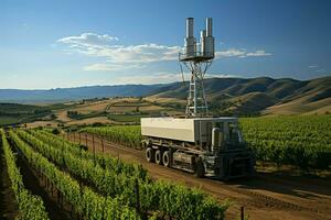 bellissimo Visualizza alto voltaggio elettrico o telecomunicazioni antenna senza fili Torre con verde campo concetto di ai generato foto