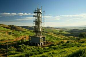 bellissimo Visualizza alto voltaggio elettrico o telecomunicazioni antenna senza fili Torre con verde campo concetto di ai generato foto