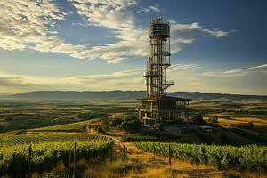 bellissimo Visualizza alto voltaggio elettrico o telecomunicazioni antenna senza fili Torre con verde campo concetto di ai generato foto