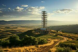 bellissimo Visualizza alto voltaggio elettrico o telecomunicazioni antenna senza fili Torre con verde campo concetto di ai generato foto