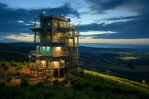 bellissimo Visualizza alto voltaggio elettrico o telecomunicazioni antenna senza fili Torre con verde campo concetto di ai generato foto