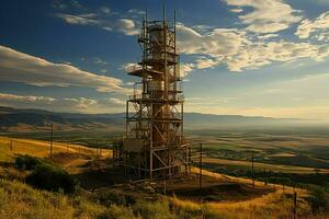 bellissimo Visualizza alto voltaggio elettrico o telecomunicazioni antenna senza fili Torre con verde campo concetto di ai generato foto