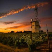 bellissimo Visualizza alto voltaggio elettrico o telecomunicazioni antenna senza fili Torre con verde campo concetto di ai generato foto