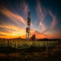 bellissimo Visualizza alto voltaggio elettrico o telecomunicazioni antenna senza fili Torre con verde campo concetto di ai generato foto