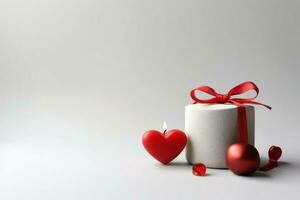 bellissimo San Valentino giorno sfondo con regalo scatola, nastro, rosso cuori, regali, Rose e copia spazio concetto di ai generato foto