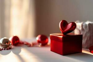 bellissimo San Valentino giorno sfondo con regalo scatola, nastro, rosso cuori, regali, Rose e copia spazio concetto di ai generato foto
