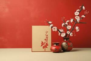 Cinese nuovo anno sfondo con tradizionale lanterne, sakura fiori e copia spazio. lunare nuovo anno concetto di ai generato foto