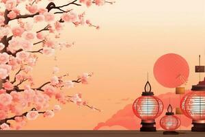 Cinese nuovo anno sfondo con tradizionale lanterne, sakura fiori e copia spazio. lunare nuovo anno concetto di ai generato foto