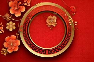 Cinese nuovo anno sfondo con tradizionale lanterne, sakura fiori e copia spazio. lunare nuovo anno concetto di ai generato foto