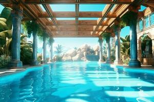 bellissimo all'aperto nuoto piscina nel lusso Hotel ricorrere con blu cielo per tempo libero rilassare e vacanza concetto di ai generato foto