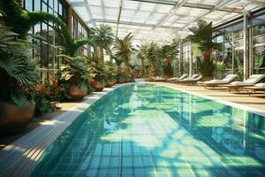 bellissimo all'aperto nuoto piscina nel lusso Hotel ricorrere con blu cielo per tempo libero rilassare e vacanza concetto di ai generato foto