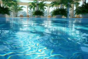 bellissimo all'aperto nuoto piscina nel lusso Hotel ricorrere con blu cielo per tempo libero rilassare e vacanza concetto di ai generato foto