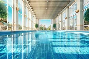 bellissimo all'aperto nuoto piscina nel lusso Hotel ricorrere con blu cielo per tempo libero rilassare e vacanza concetto di ai generato foto