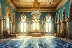molto lussuoso camera e grande con muri decorato con marocchino mosaico. camera nel tradizionale islamico concetto di ai generato foto