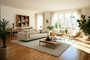 moderno appartamento interno nel vivente design con Lavorando tavolo e scaffale. lusso casa scandinavo concetto di ai generato foto