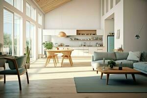 moderno appartamento interno nel vivente design con Lavorando tavolo e scaffale. lusso casa scandinavo concetto di ai generato foto